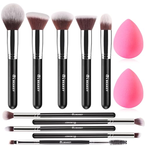 BEAKEY Makeup Brushes Set, Professional Foundation Eyeshadow Concealer Blush Powder Bronzer Applicator, 2 Blender Sponge wit Beauty Paper Case, Gifts for Women Christmas Stocking Stuffers for Adults