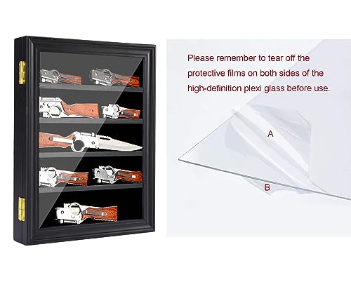 LIUYALO Knife Display Case 5 Rows Pocket Knife Display Cases for Collections Stand Military Folding Knife Shadow Box Wall Cabinet with UV Protection Acrylic Lockable, Black