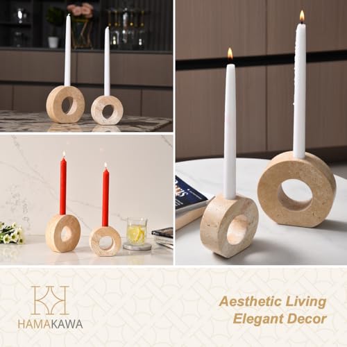 HAMAKAWA Marble Candle Holders Set of 2, Natural Beige Travertine Stone Candlestick Holders fit Φ0.75 Inch Taper Candle, Candle Stand Decor for Home, Dinner, Party, Wedding