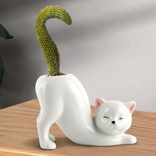 Ceramic Tailless Cat Succulent Pot, Cute Kitty Succulent Indoor Flower Pot, Novelty Cat Tail Planter Pot for Indoor Plants, Succulents, Flowers, Cactus, Mini Home Decor Planter