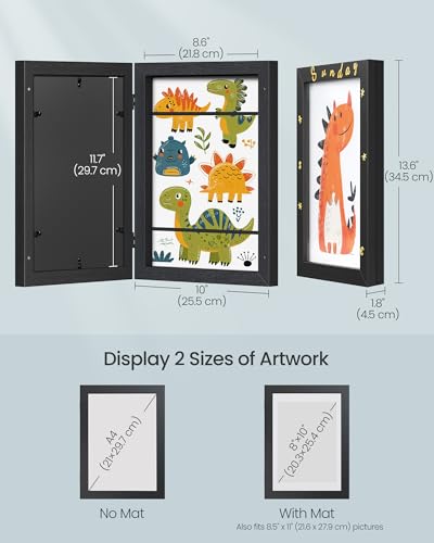 SONGMICS Kids Artwork Frame Changeable, A4, 8.5x11 Art Picture Frame Display for Room Decor, Each Storage up to 150 Drawings, with Mat, Stickers, Non-Trace Nails, MDF, Glass, Ash Black