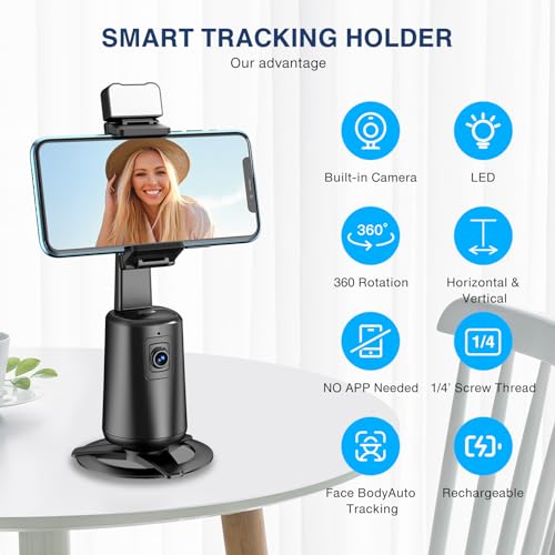 Auto Face Tracking Tripod 360° Rotating Auto Tracking Phone Stand, No App, Phone Camera Stand with Remote and Gesture Control, Rechargeable Smart Shooting Stand for Live Video Recording Tiktok（Black）