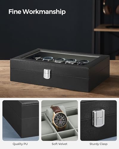 SONGMICS Watch Box, 12-Slot Watch Case with Large Glass Lid, Removable Watch Pillows, Watch Box Organizer, Christmas Gift , Black Synthetic Leather, Gray Lining UJWB12BK