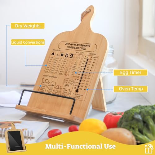 IKEDAS Bamboo Cookbook Stand, Sturdy Cook Book Holder, Recipe Book Holder with Measurement Conversion Chart, Cookbook Stand for Kitchen Counters, Essential Accessories for Holding Cookbooks