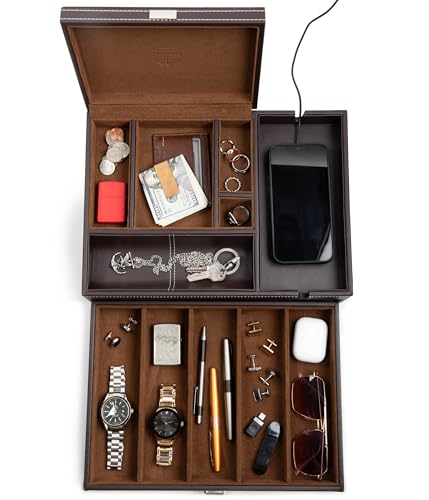 Mens Watch Box Leather Valet Tray - Bedside Table Organizer, Men's Jewelry Box, Watch Case for Men with Large Smartphone Charging Station - Jewelry Box for Men with Valet Box and Nightstand Organizer