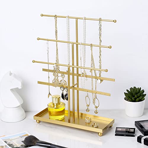 MyGift 5-Tier Gold Tabletop Metal Jewelry Necklace, Bracelet, Earring, Organizer with Ring Tray