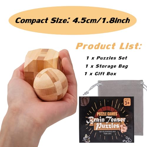 VolksRose 12pcs Wooden Brain Teaser Puzzles, IQ Challenge Puzzle Games, Logic Smart Mind Puzzle Box Lock Toy Removing Assembling 3D Small Puzzle Gift Set for Adults Teenagers Kids, 1.8inch 4.5cm