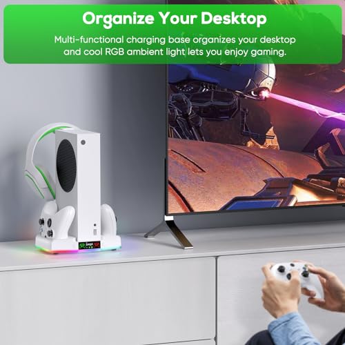 FYOUNG Vertical Charger Stand & Cooling Station for Xbox Series S, Upgrade Controller Charging Dock with 15 RGB Light, Cooler Fan System, 2X 1400mAh Rechargeable Battery, Headset Holder (White)