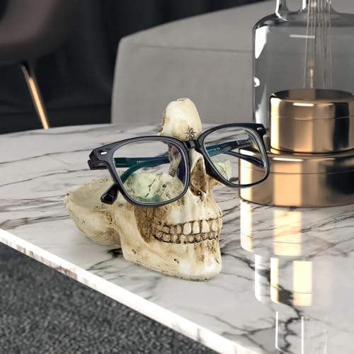 Mrlikale Skull Glasses Stand Holder, Creative Eyeglasses Holder, Sunglasses Spectacle Display Rack, Key Holder Resin Sculptures for Entryway, Home, Office, Desk, Nightstand (White)