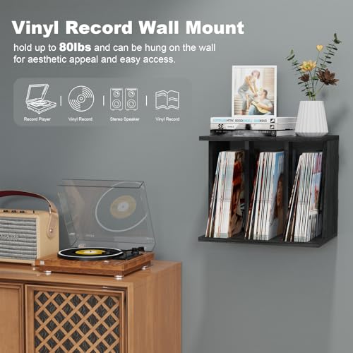 Emfogo Vinyl Record Storage, Vinyl Record Stand Wall Mount Up to 80-100 Albums, 3-Compartment Vinyl Record Holder