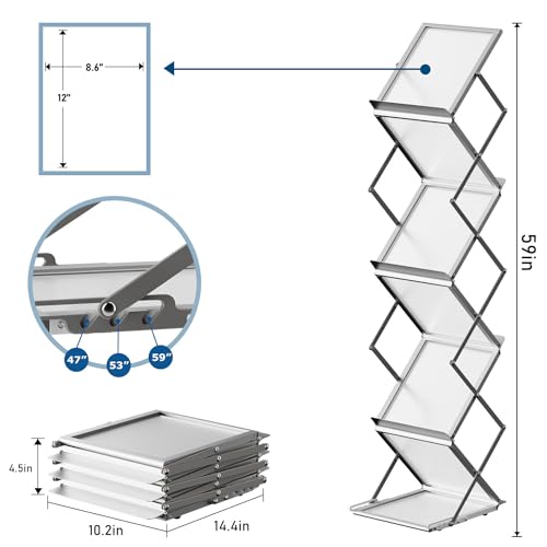 6 Pockets Foldable Aluminum Magazine Rack - Brochure Display Stand, Brochure Catalog Literature Display Stand with Carrying Bag for Exhibition, Trade Show, Office, Retail Store