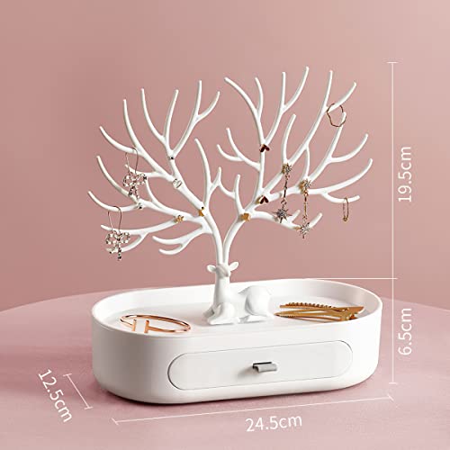 MOJUN Antlers Jewelry Display Stand with Drawers, Necklace Earring Bracelet Jewelry Organizer Display Stand, Plastic Jewelry Tree Ideal Gift for Women, White