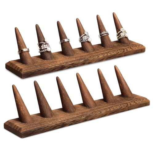 MOOCA 2 Pcs Set Finger Ring Stand Jewelry Display Holder Showcase Display Stands 11 x 2 1/4 x 2 3/4 in, Brown Color