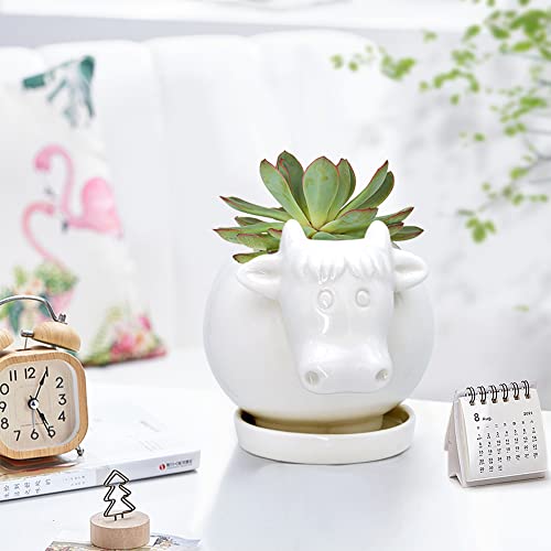 GeLive White Cow Ceramic Planter Small Succulent Pot Cute Cartoon Animal Plant Pot with Drainage Tray Pencil Holder Brush Organizer Tabletop Storage Stand Indoor Home Decor Cow Statue Fun Stuff