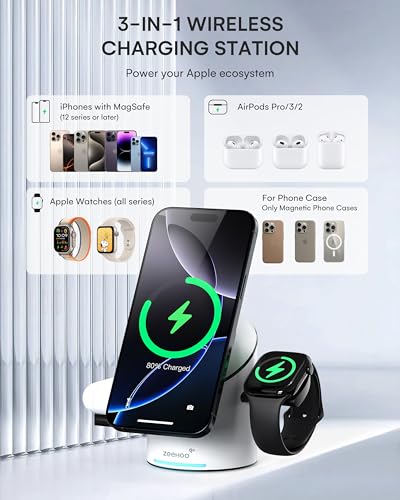 ZEEHOO 3 in 1 Charging Station for Apple Devices, Mag-Safe Charger Stand, Qi2 15W Auto-Rotating Wireless Charging Station for iPhone 16/15/14/13/12 Series& AirPods& iWatch(30W Charger Included) White