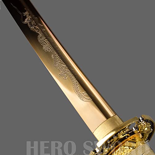 Handmade Gold Blade Japanese Samurai Sword Hand Etching engrave Gold Dragon Katana Full Tang Sharp Can Cut Bamboo Trees (Gold Dragon Katana)