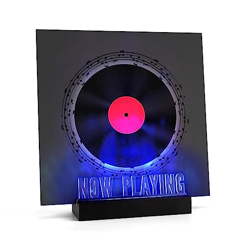 Woodoulogy Now Playing Vinyl Record Stand,Light Up Wooden Album Display Holder with Acrylic Sign, Multi Color LED Now Spinning Hip Hop Record Wood Rack,LP Record Player Accessories Gift