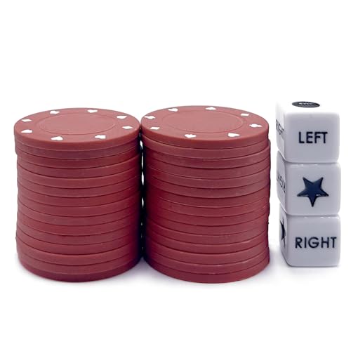 Bilywey Upgrade Left Right Center Dice Game Set with 3 Dices + 30pcs 4cm Red Poker Chips + Black Storage Carry Tin (Red)