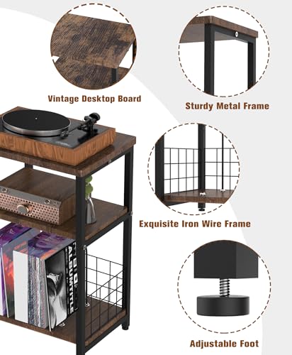 Tuohours Record Player Stand, 3 Tier End Side Table with Vinyl Record Storage Basket, Turntable Table up to 100 Albums Record Shelf Display Holder Cabinet for Living Room, Bedroom, Office