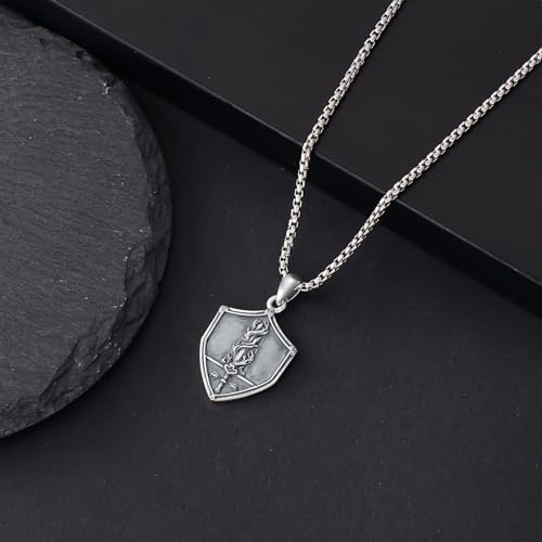 PELOVNY Sword and Shield Necklace 925 Sterling Silver Fire Sword Pendant Shield Jewelry for Fathers Day Birthday Christmas Gifts Men Women