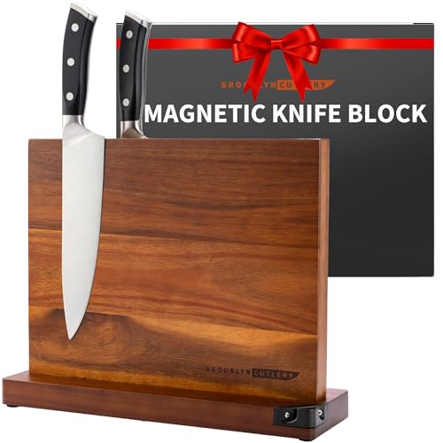 BROOKLYN CUTLERY Magnetic Knife Block, Acacia Wood Magnetic Knife Holder for Kitchen Counter Universal Knife Block Without Knives (12 x 10 With Sharpener)