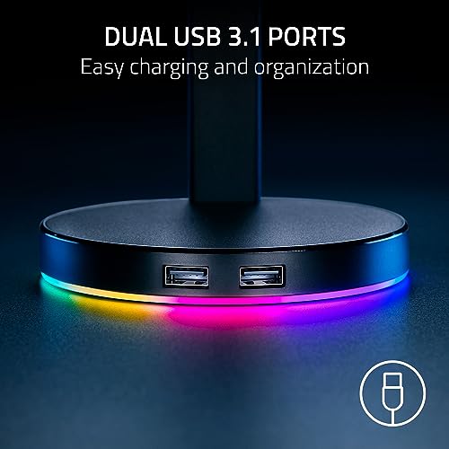 Razer Base Station V2 Chroma Headphone Headset Stand Holder: Chroma RGB Lighting - Taller Stand & Anti-Slip Ledge - USB Charging Ports - Anti-Slip Rubber Base - 3.5mm Port + Built-in DAC - Black