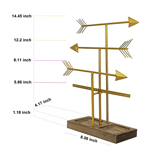 Urban Deco Arrow Jewelry Organizer Stand 4-Tier Gold Jewelry Stand Necklace Organizer With Wooden Ring Holder For Jewelry Display Bracelet Holder Stand Earring Organizer For Girls - Gold