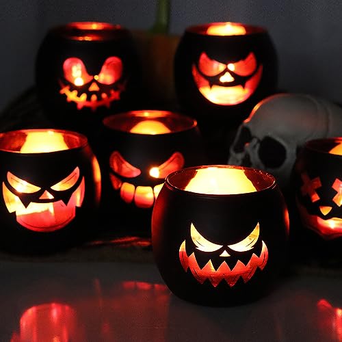 Black Halloween Table Centerpieces Candle Holders 6PCS, Jack O Lantern Tealight Votive Candle Holders, Indoor Halloween Decorations for Mantel Coffe Table Decor