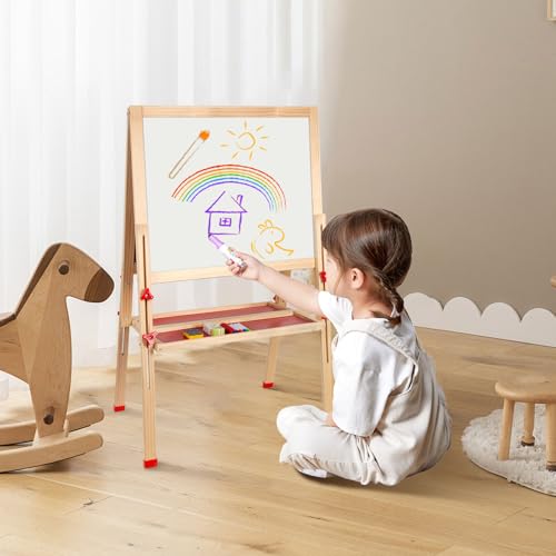 Wooden Art Easel for Kids,Adjustable Double Sided Painting Easel for Toddlers 3,4,5,6,7,8,9,10Years,Foldable Standing Kids Easel with Accessories, Perfect Painting Gifts for Kids Boys&Girls