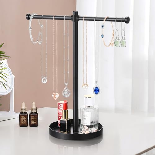 bodkar Jewelry Necklace Organizer Stand,12.9" Tall Sturdy Metal Jewelry Stand with Round Tray for Bracelet Bangles Holder Display,Long Necklace Organizer Holder (black)