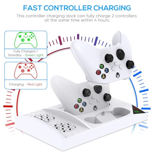 Cooling Fan with Charging Stand for Xbox Series S Console and Controller, Dual Charger Dock Accessories with 2 x 1400mAh Rechargeable Battery and Cover, Headphone Mount for Xbox Series S, White