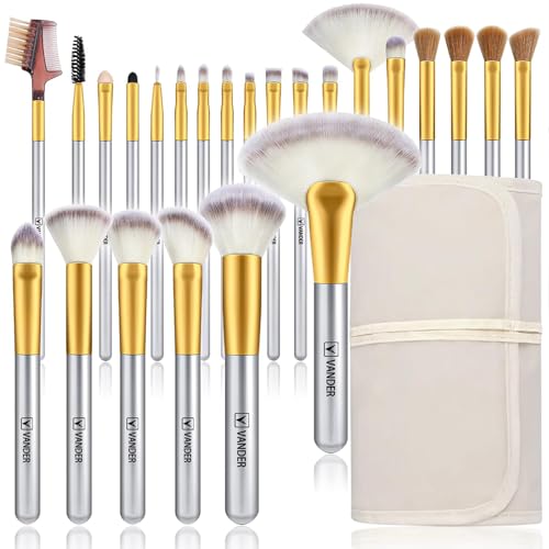 Makeup Brush Set,VANDER 24pcs Premium Synthetic Makeup Brushes for Foundation, Professional Eyeshadow, Eyeliner, Concealer Make up Brush Kit with Cloth Travel Makeup bag, Champagne