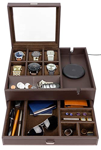 HOUNDSBAY Watch Box for Men & Mens Jewelry Box Organizer - Watch Box Organizer for Men - Watch Display Case - Valet Tray & Watch Holder Organizer for Men - Nightstand Organizer & Watch Stand