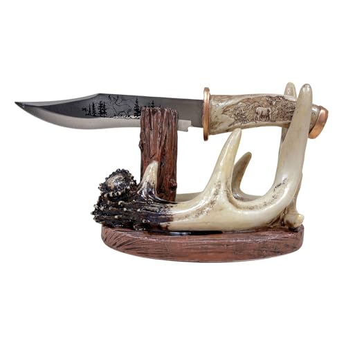 BestGiftEver Carved Handle Decorative Deer Buck Blade Knife with Faux Antler Display Stand Hunting Cabin Home decoration