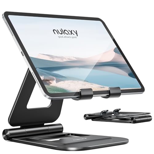 Nulaxy Aluminum Dual Foldable iPad Stand, Fully Adjustable Desktop Tablet Holder, iPad Accessories for Office Kindle Compatible with Mobile Devices iPad Pro/Air/Mini, iPhone Pro/Max/Plus, Black