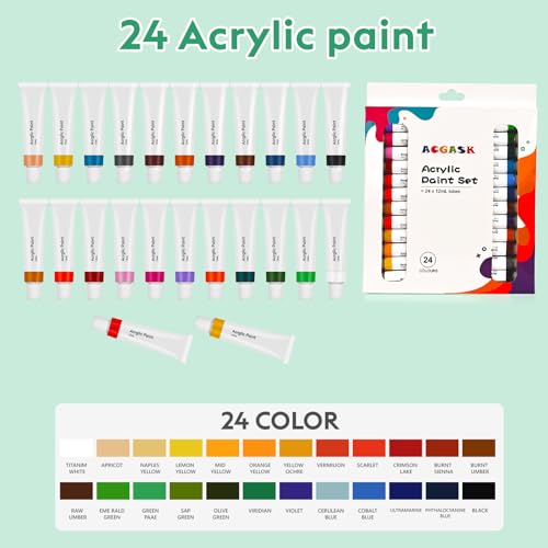 ACGASK 43 Pieces Acrylic Painting Kits for Kids,Non Toxic Arts Supplies and Paint Set for Kids with 6 Canvas Panels,24 Color Paints,15 Paper pad,Table Easels,10 Brushes Etc,Painting Kit Gift