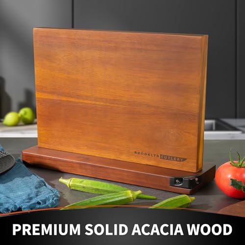 BROOKLYN CUTLERY Magnetic Knife Block, Acacia Wood Magnetic Knife Holder for Kitchen Counter Universal Knife Block Without Knives (12 x 10 With Sharpener)