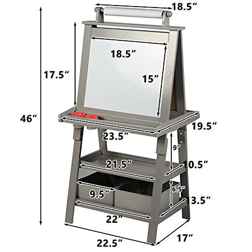 Kinder King 3 in 1 Kids Art Easel w/Storage, Double-Sided Magnetic Whiteboard & Chalkboard, Dry-Erase Board w/Paper Roller, Toddler Children Standing Easel for Painting & Drawing, Accessories(Grey)