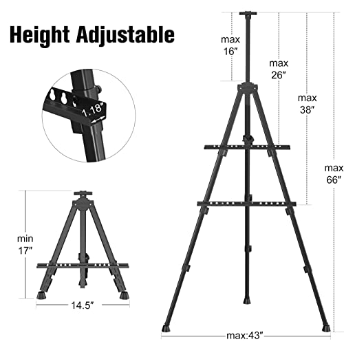 Art Painting Display Easel Stand - Portable Adjustable Aluminum Metal Tripod Artist Easel with Bag, Height from 17" to 66", Extra Sturdy for Table-Top/Floor Painting, Drawing, and Displaying, Black