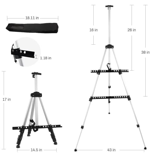 Art Painting Artist Easel Stand,Display Sign,Aluminum Metal Tripod Adjustable portable Easels for Painting Canvases Height From 17 To 66 Inch,Carry Bag For Table-Top/Floor Drawing and Displaying-White