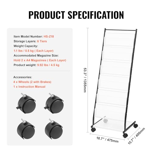 VEVOR Brochure Display Rack, 6-Tier Magazine Literature Display Stand, Floor Standing Magazine Rack Newspaper Catalog Holders, Movable with 4 Wheels (2 Lockable) for Shop Exhibitions Office, 6 Pockets