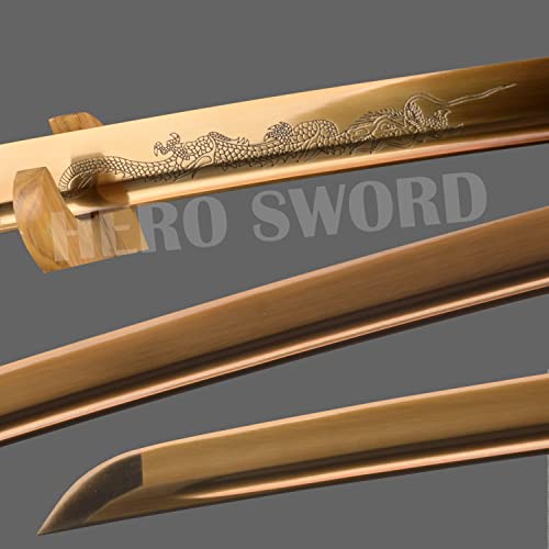 Handmade Gold Blade Japanese Samurai Sword Hand Etching engrave Gold Dragon Katana Full Tang Sharp Can Cut Bamboo Trees (Gold Dragon Katana)