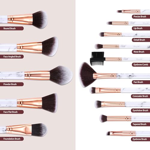 DUAIU Makeup Brushes Set Make Up Brushes Professional 15Pcs Marble Makeup Brush Set for Foundation Powder Concealers and Eyeshadow with Exquisite Marble Bucket Gift Box…