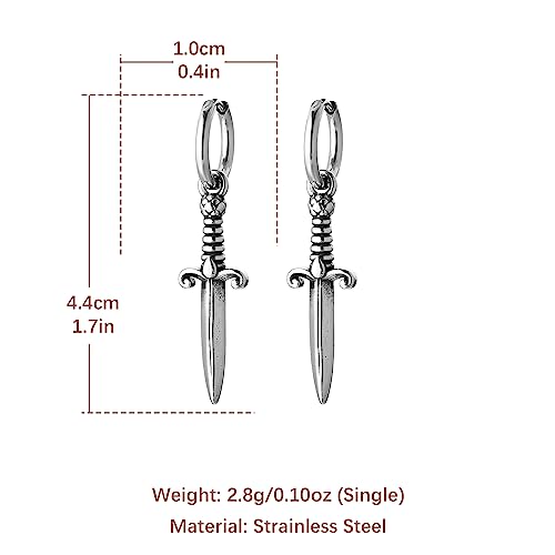 HZMAN Medieval Sword Dangle Drop Earrings for Men Women Stainless Steel Hip Hop Gothic Retro Dagger Hoop Earrings Jewelry Gift