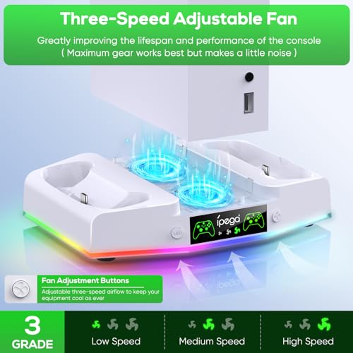 FYOUNG Vertical Charger Stand & Cooling Station for Xbox Series S, Upgrade Controller Charging Dock with 15 RGB Light, Cooler Fan System, 2X 1400mAh Rechargeable Battery, Headset Holder (White)