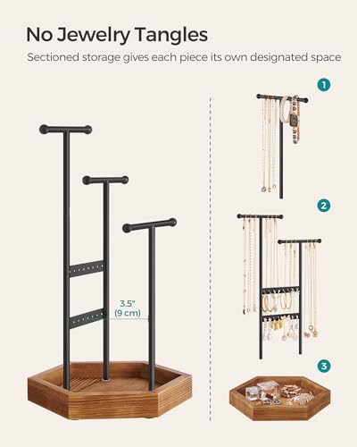 SONGMICS Jewelry Holder, Jewelry Organizer, 4 Independent Zones, Jewelry Display Stand with Metal Frame, Necklace Earring Bracelet Holder, for Rings, Christmas Gift, Black and Caramel Brown UJJS03CB