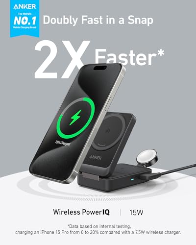 Anker MagGo 3-in-1 Charging Station, Qi2 Certified 15W MagSafe-Compatible Wireless Charger Stand, Foldable Charger for iPhone 15/14, AirPods, Apple Watch 9 (40W USB-C Charger Included) with Anker MagS