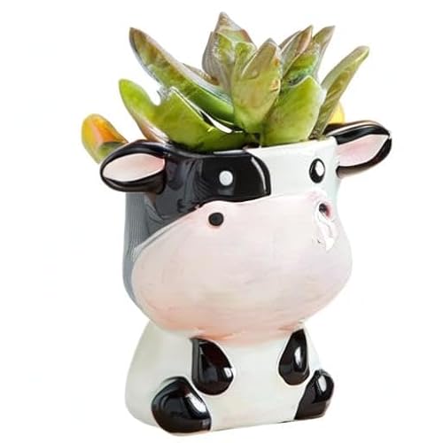 DIYOMR Cute Animal Ceramics Planter Small Succulent Pot Cartoon Shaped Plant Pot for Mini Plants Flower Cactus, Smooth Shiny Ceramic - Plants Not Included (Cow)