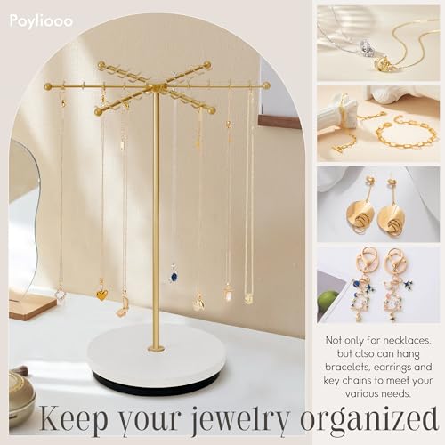 Poyilooo Necklace Holder Jewelry Stand, Rotating Necklace Holder Organizer with 48 Hooks for Necklace Earring Keychains Bracelet Display Stand, Metal Necklace Tree Stand -Christmas Gifts (Gold)