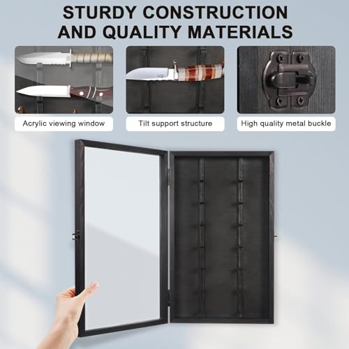 Triceratops Knife Display Case with Lockable Clear Acrylic Door, Wall Mount Wooden Knife Display Stand, Pocket Knife Display Cases for Storage, Collection, Holds up to 7 Knifes (Black), Large